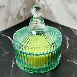 Vintage-Style Ribbed Glass Jar Candle – Aqua Pressed Glass – Dual Wick